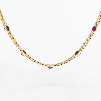 Halsband, pansarlänk, 18K guld med cabochonslipade rubiner, safirer och smaragd.