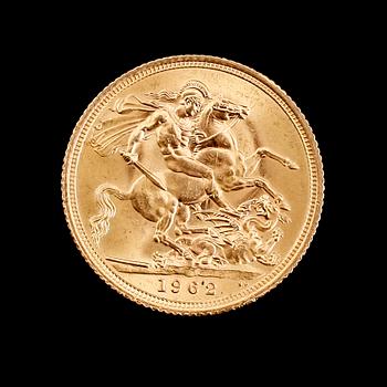 GULDMYNT, sovereign, Elizabeth II, 1962. Vikt ca 8 gram.