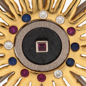 Pendant, faceted sapphires, rubies and diamonds, iron ore, 18K gold and white gold.
