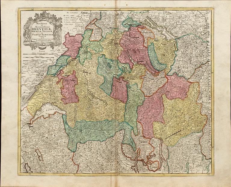 TOBIAS CONRAD LOTTER, Map, copper engraving "Helvetiae" from  Atlas Novus 1770.