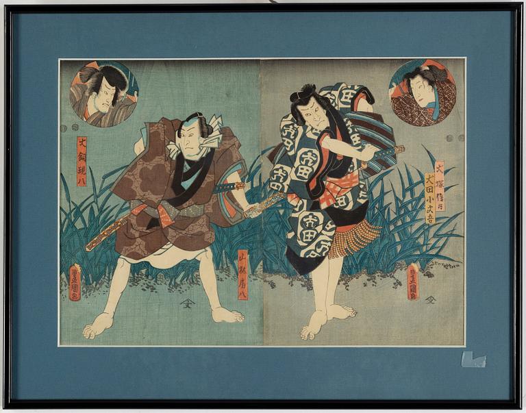 Utagawa Kunisada, diptyk,   färgträsnitt, 2 st, Japan, 1800-tal.