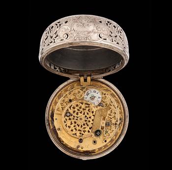 FICKUR, spindelur med slag, ytterboett och boett silver, Le Count, London, 1700-tal.