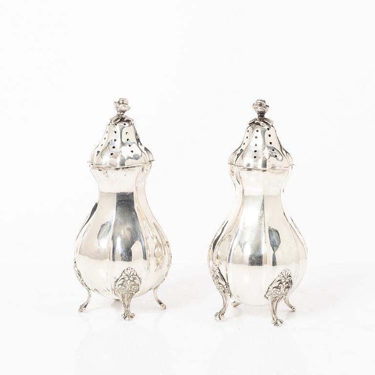 Sugar casters, a pair, silver, Rococo style, 20th century.
