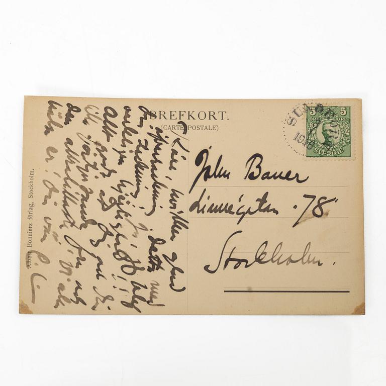 Carl Larsson, Autographed postcard from Carl Larsson to John Bauer, dated Sundborn 1916.