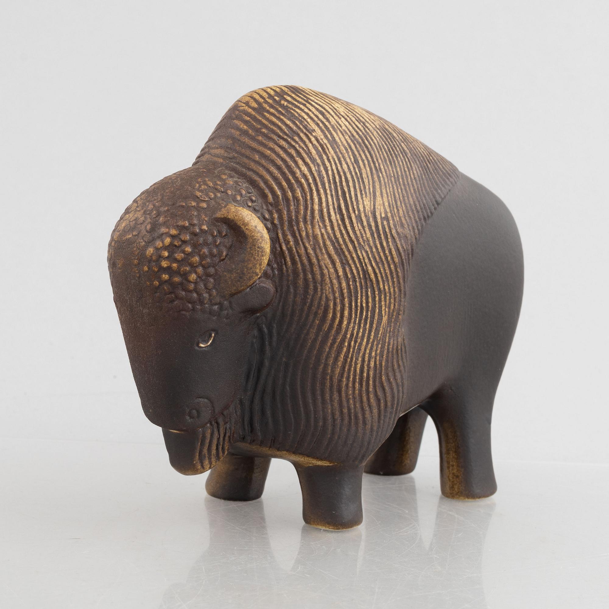 Lisa Larson, two stoneware figurines, 'Utter'(Otter) & 'Visent'(Wisent), WWF & Nordiska Kompaniet, Gustavsberg, 1975-87.