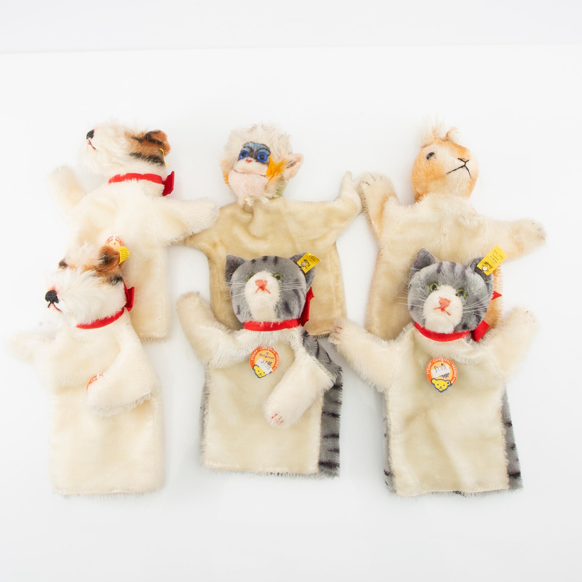 Hand puppets, 6 pcs, Steiff, Germany, second half of the 20th century.