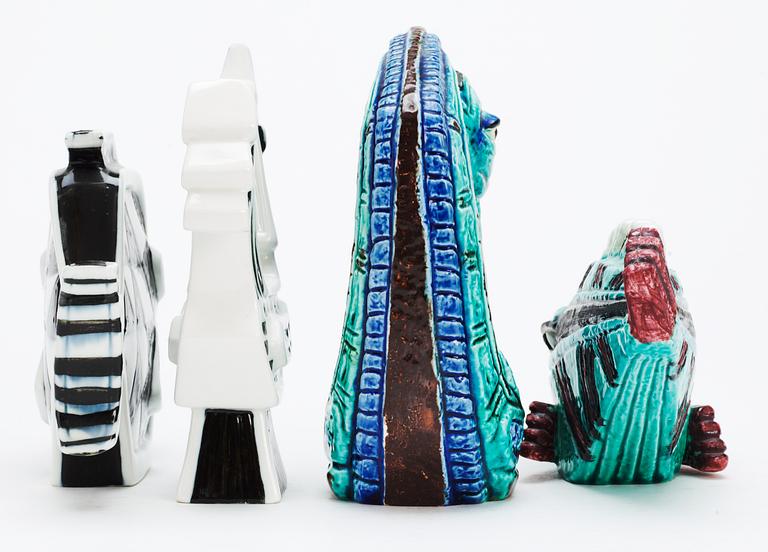 Four Gunnar Nylund stoneware figures, a rooster, bird and two fishes, Rörstrand.
