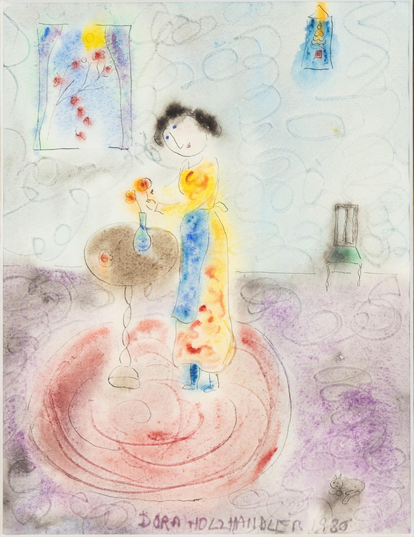 Dora Holzhandler, ink & watercolour on papaer, signed and dated 1980.