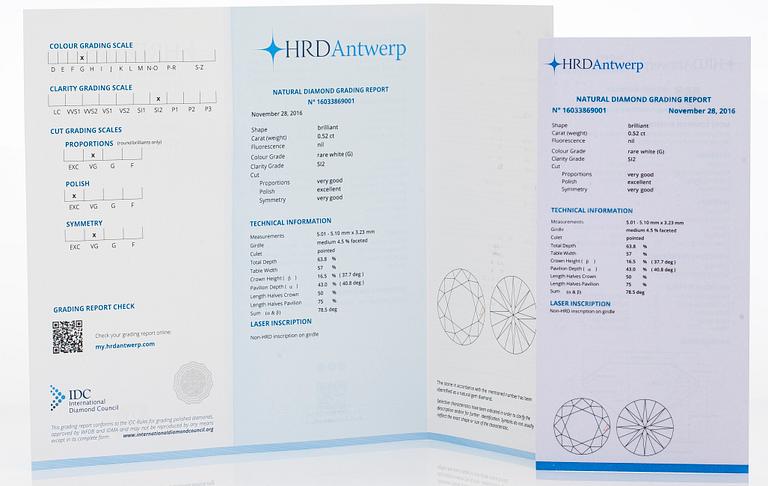 Örhängen, 14K vitguld med briljantslipade diamanter. Medföljande HRD sertifikat.