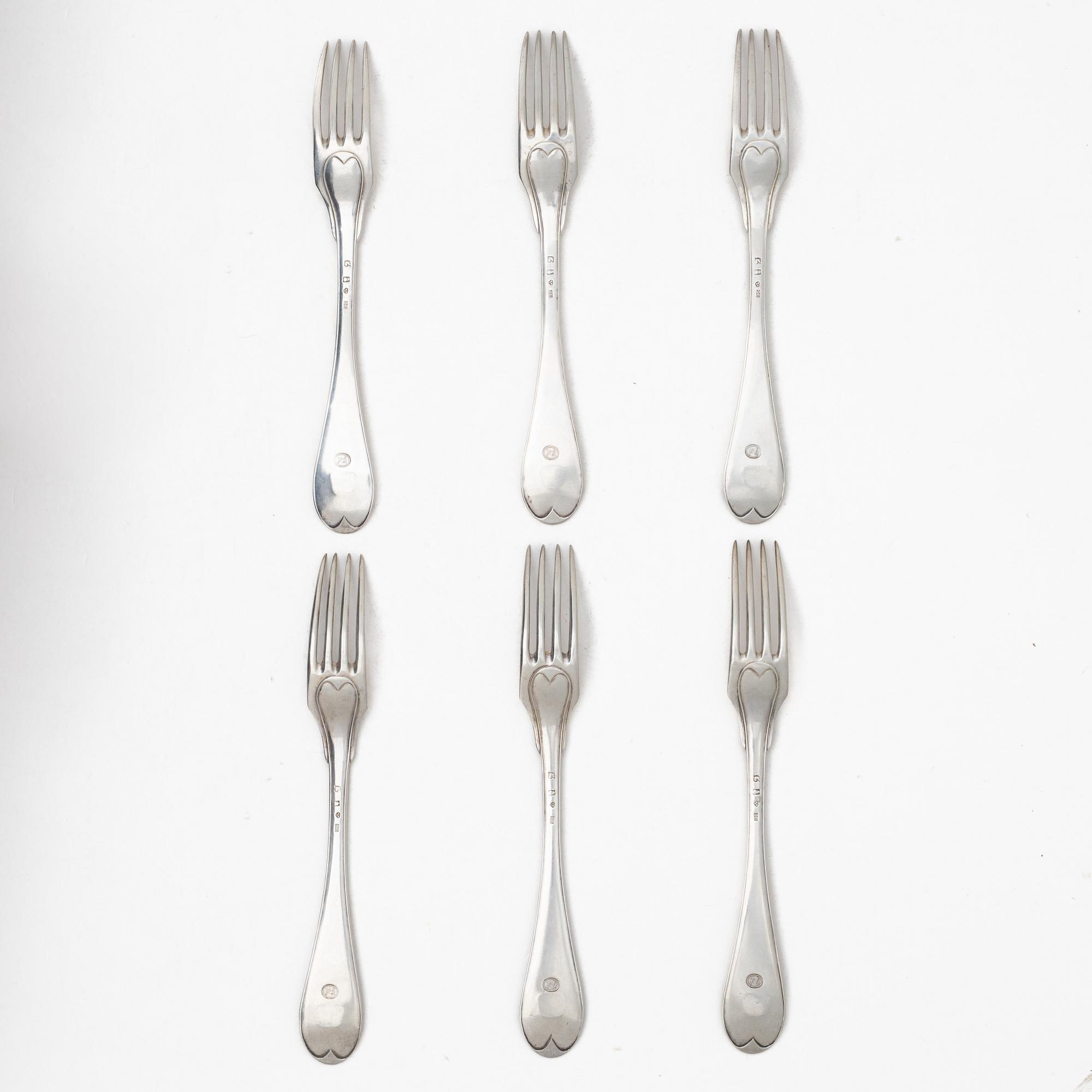 Olof H Bergström, gafflar, 6 st, silver, Uppsala 1815.