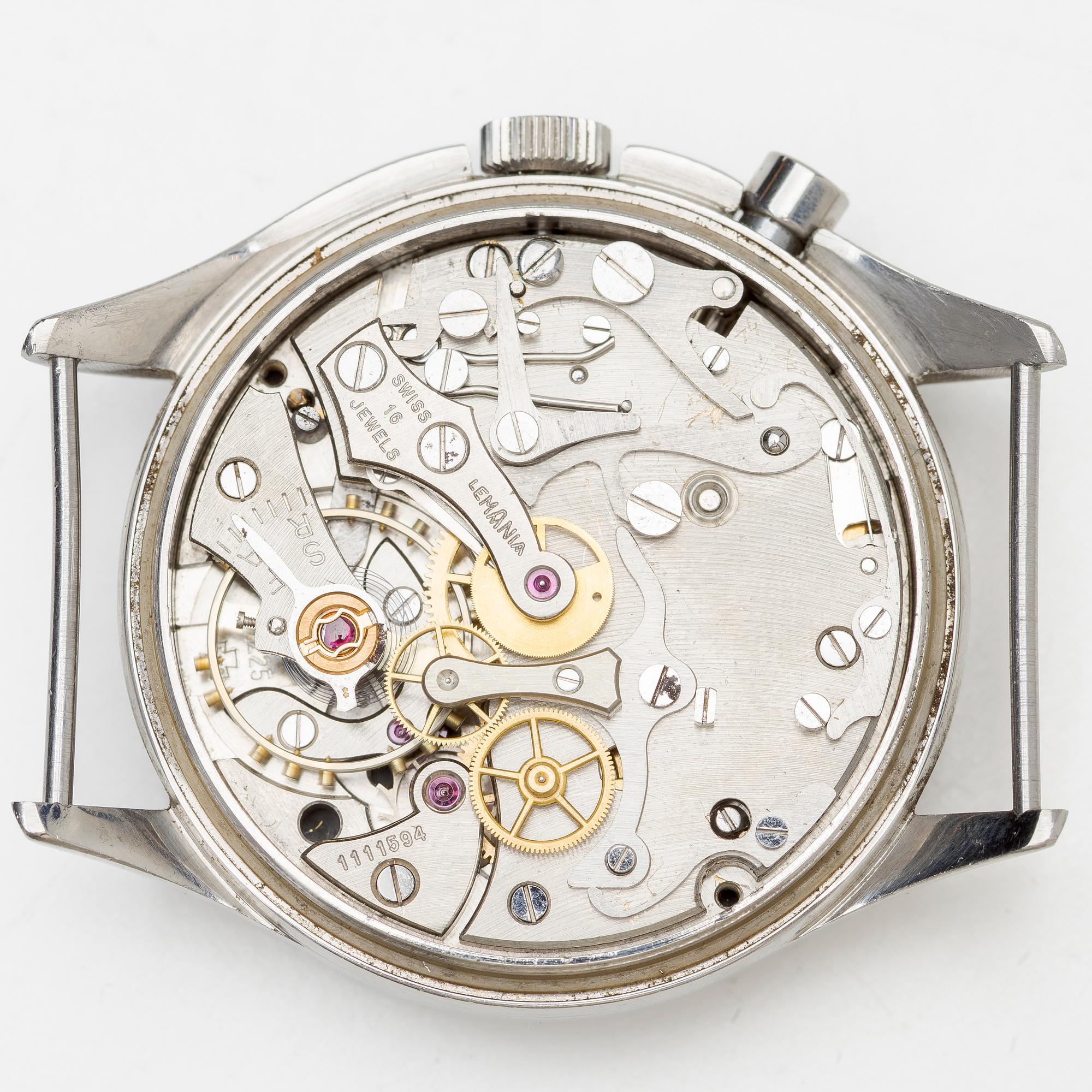 Lemania, Tg 195, "Three crowns", chronograph, wristwatch, 40 mm.