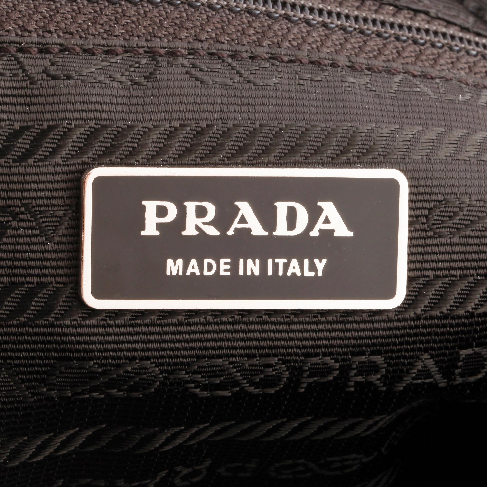 PRADA, a brown nylon crossbody bag.