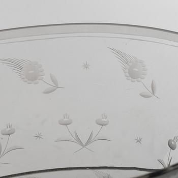 Edward Hald, an angraved glass bowl and plate, Orrefors, Sweden, model H932 and H348.