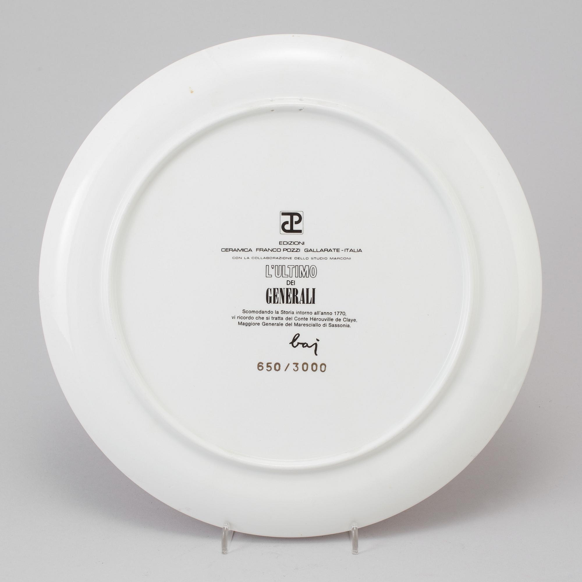 An Enrico Baj porcelain plate with garter and medals, "L'Ultimo dei Generali", Ceramica Franco Pozzi, numbered 650/3000.