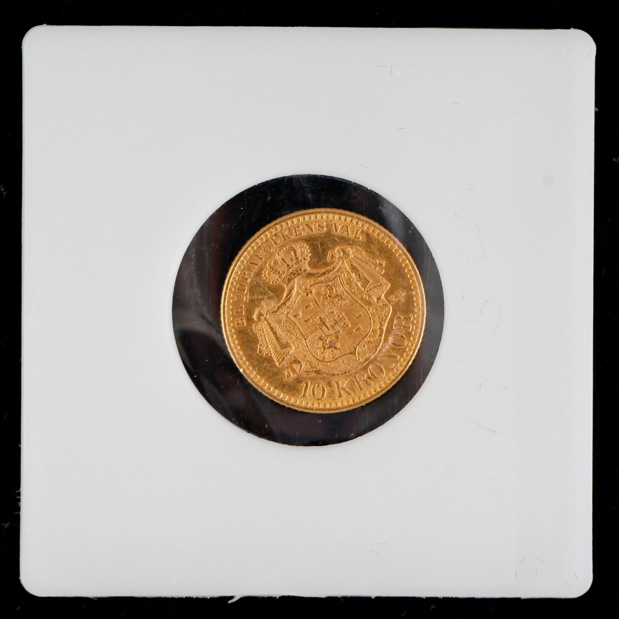 GULDMYNT, 10 kronor, Oscar II, 1901. Vikt ca 5 gram.