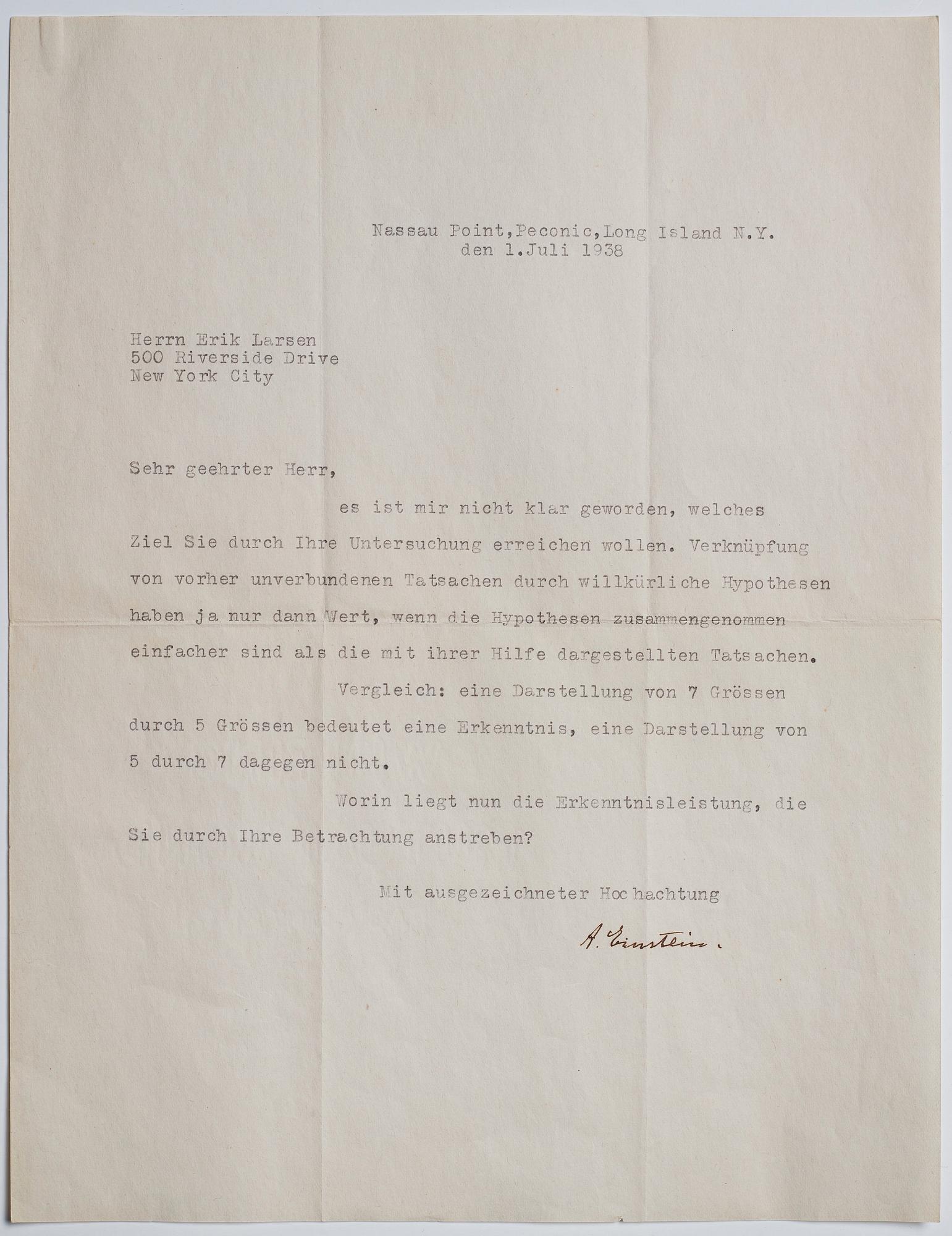 Albert Einstein (1879-1955) two letters, signed 1938.