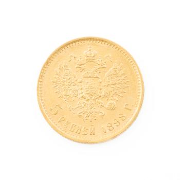 Gold coin, Nicholas II, Russia, 5 Rubles, 1898.