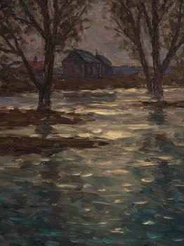 Per Ekström. Skymningslandskap med stugor.