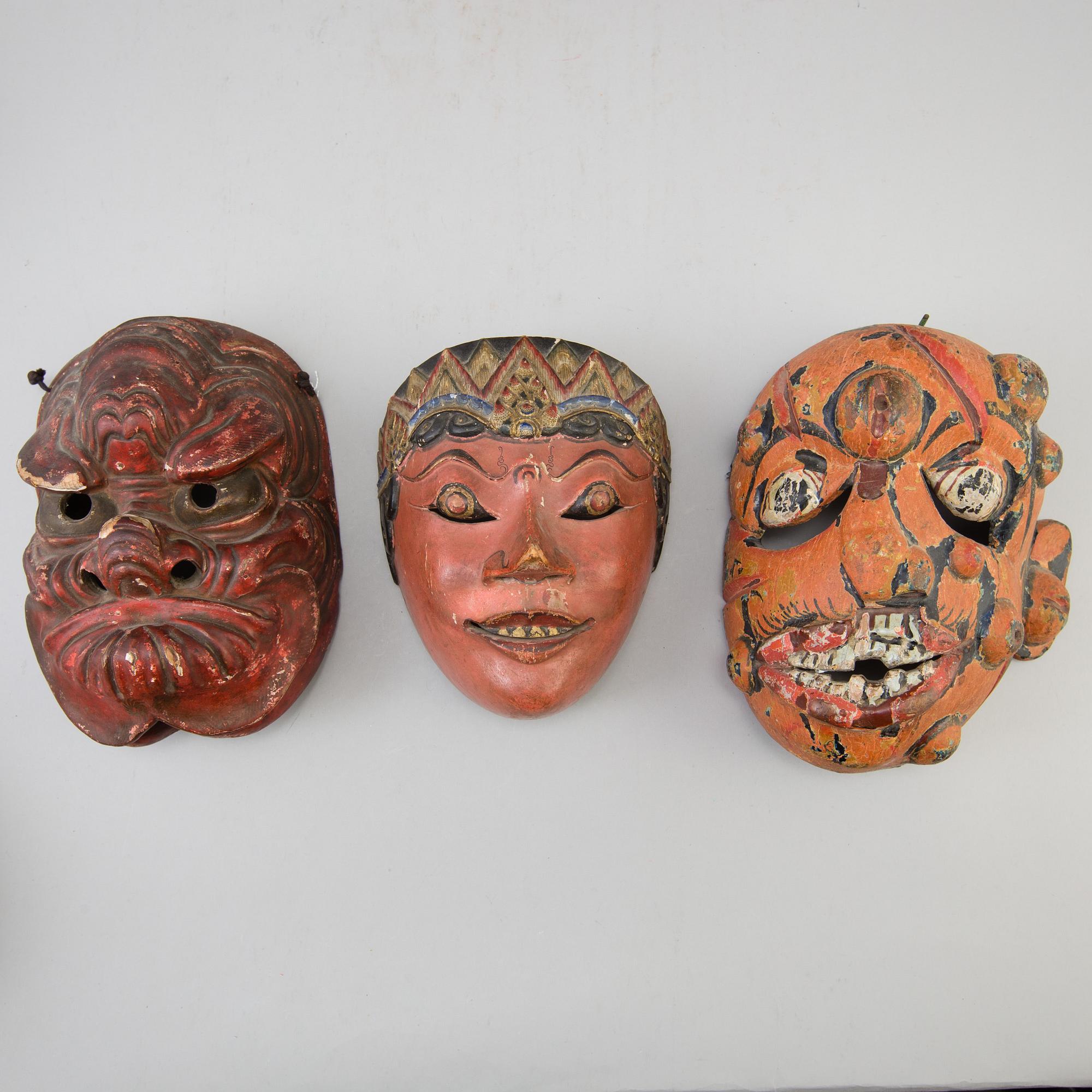 A group of dancing maskes, mostly Japanese Bugagku masks, Meiji period (1868-1912).