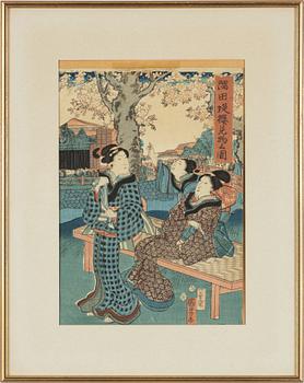 Different artists, four colour woodblock prints, Japan.