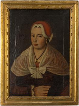 Unknown artist, circa 1800. Lady in red.