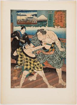 Eight UTAGAWA KUNIYOSHI (1797/98-1861) colour woodblock prints, from 'Sixty-nine stations of Kisokaido Road'.