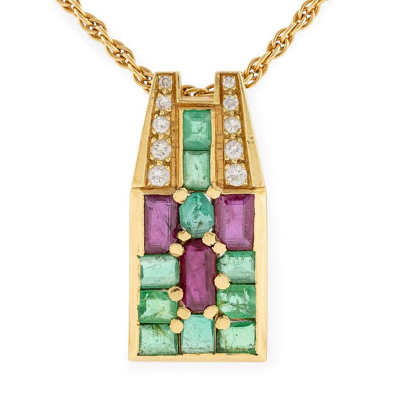 An Andrew Grima pendant in 18K gold set with step-cut emeralds, rubies and round brilliant-cut diamonds.