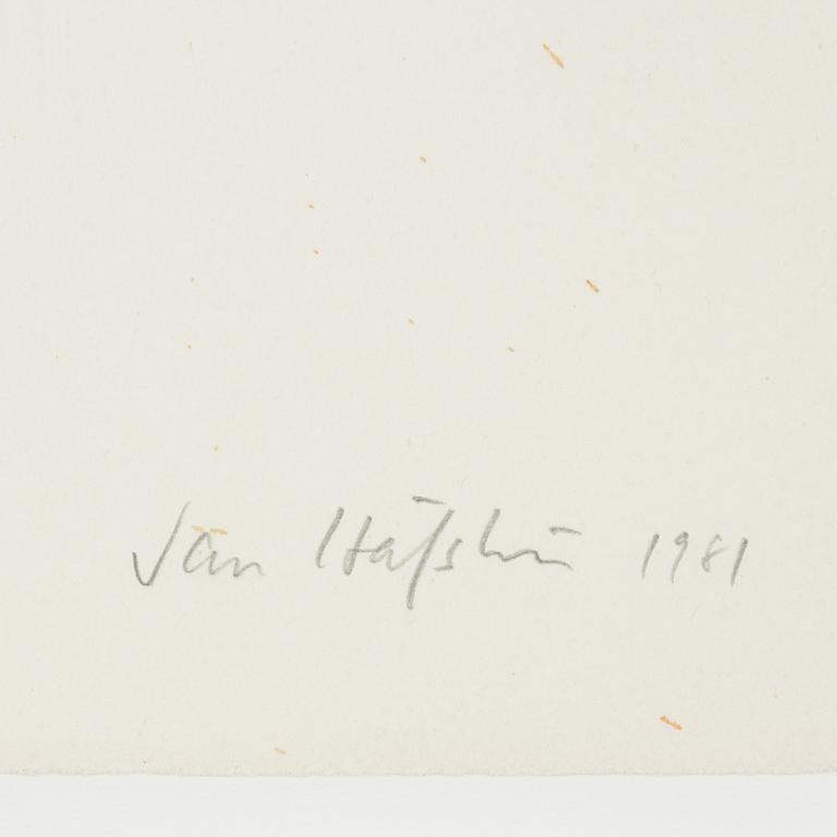 Jan Håfström, färglitografi med bemålad applikation, 1981, signerad  55/150.