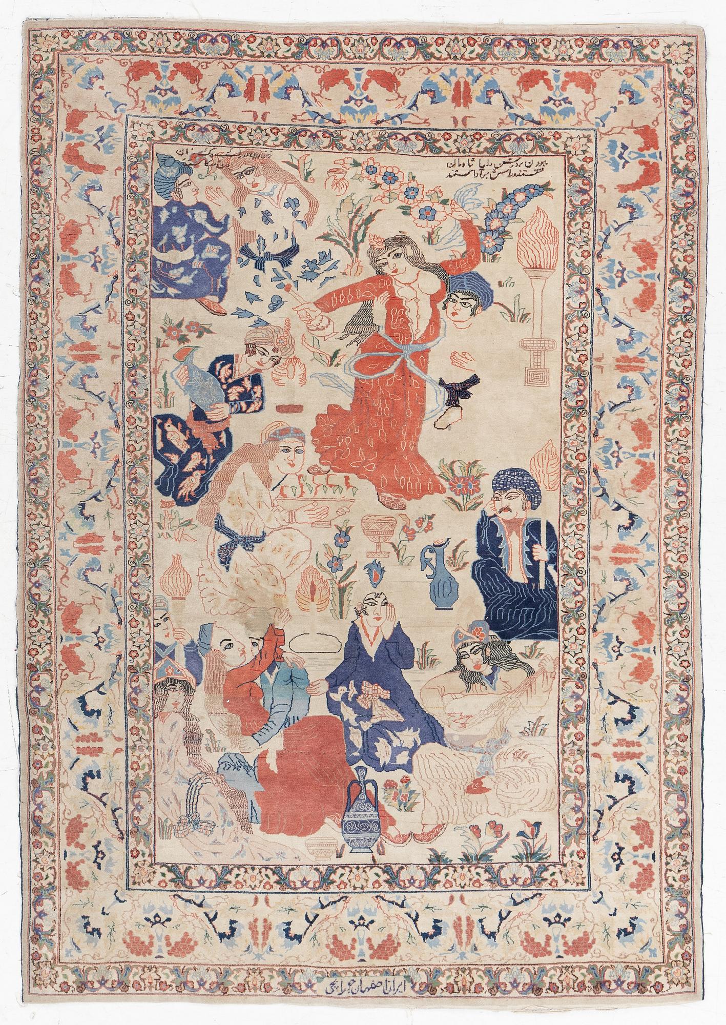 Matta, Täbriz, figural, signerad, ca 171 x 118 cm.