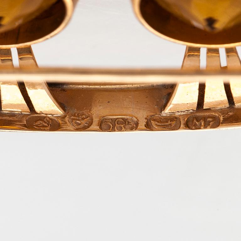 Brosch, 14K guld med citriner. Kaisaniemen Kello ja Kulta 1965.