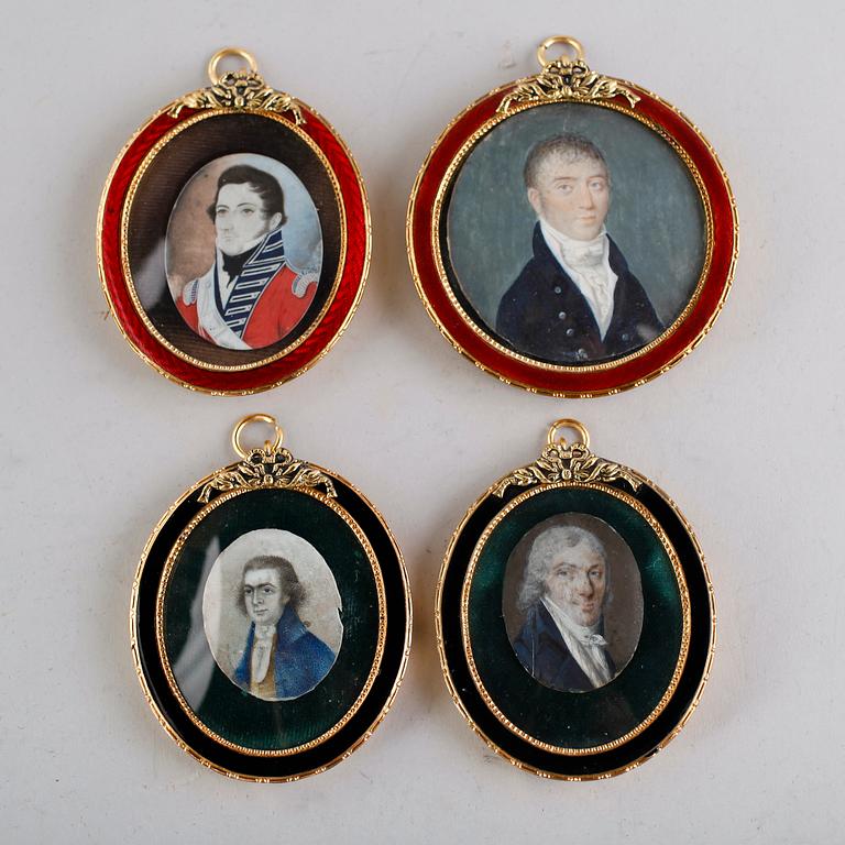 MINIATYRER, 4 st, gouacher på ben, 1800-/1900-tal.