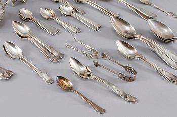 PARTI SILVER, 47 delar, 1800-1900-tal, mest Sverige, totalvikt 1270 gram.