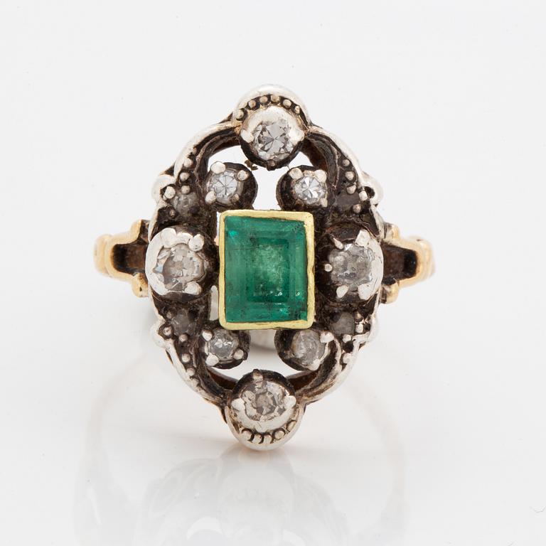 Emerald and old-cut diamond ring.