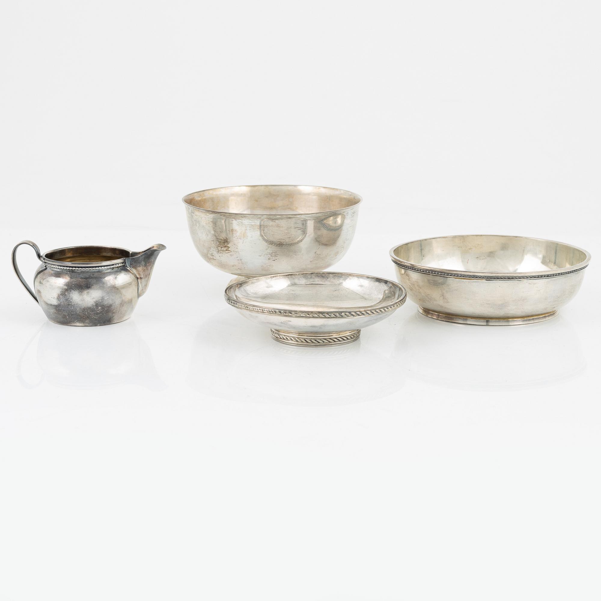 Three silver bowls and creamer, Sweden and Germany, 20th century.