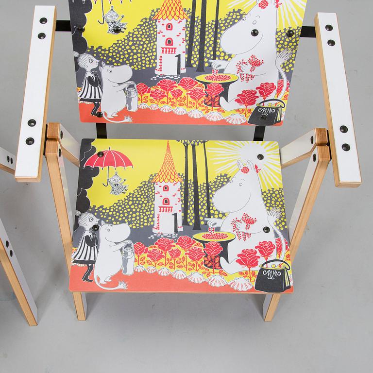 Yrjö Kukkapuro, Children's furniture, two 'Moomin S chairs'  and a table collaboration with Modeo and Moomin Characters.