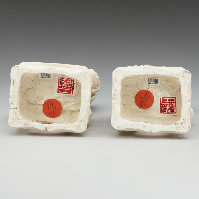 A pair of blanc de chine joss stick holders, Transition, 17th Century.