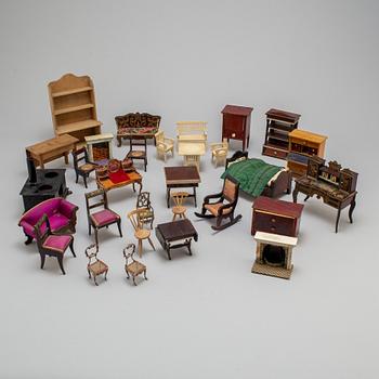 Circa 66 pieces of doll furniture with various accessories, ca 1900 and early 20th century.