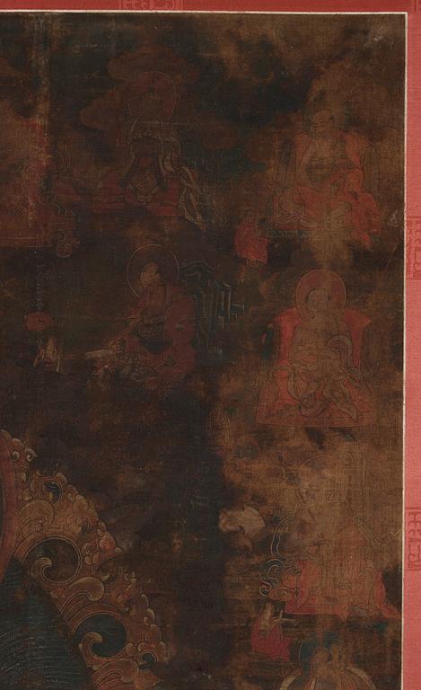 A Tibetan thangka of Shakyamuni Buddha with the eighteen  arhats, 18th century.
