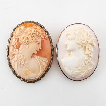 Brooches, 2 pcs, Cameo and silver.