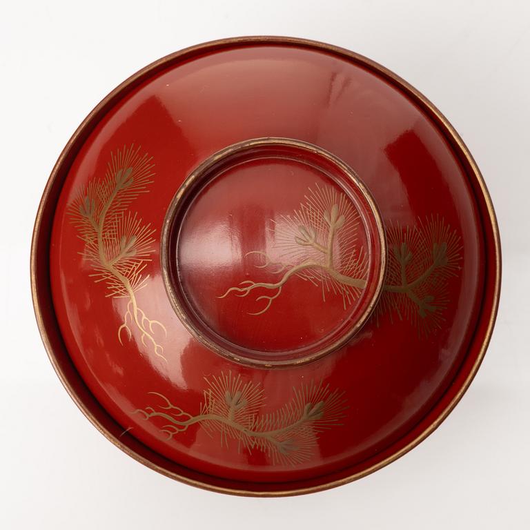 A group of nine Japanese lacquer bowls with covers, Meiji and 20th century.
