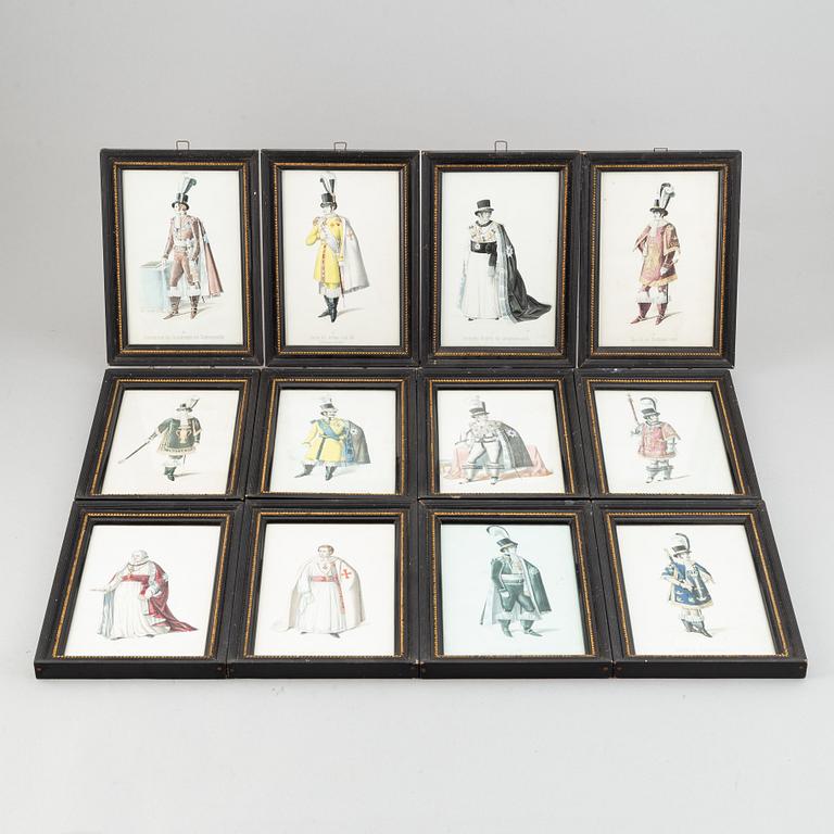 A set of twelwe hand-coloured litographs of Swedish chivalric orders by Adolf Ulrik Schützercrantz.