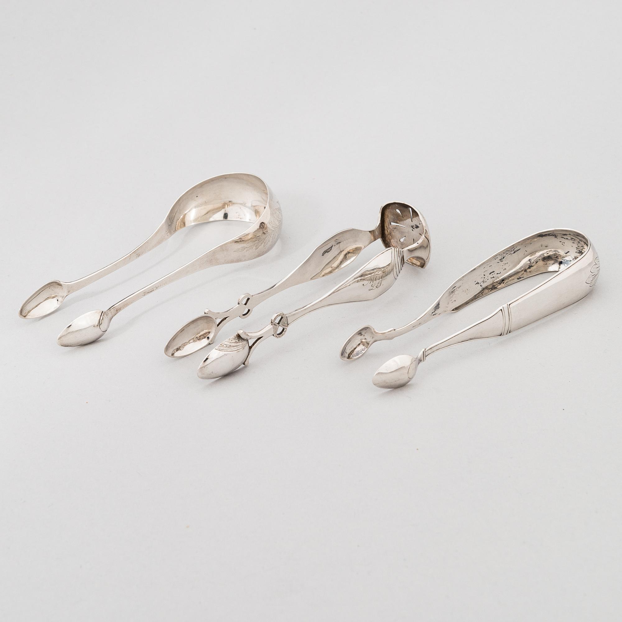 Sokeripihtejä, 3 kpl, hopeaa, Turku, Porvoo ja Göteborg 1841-46.