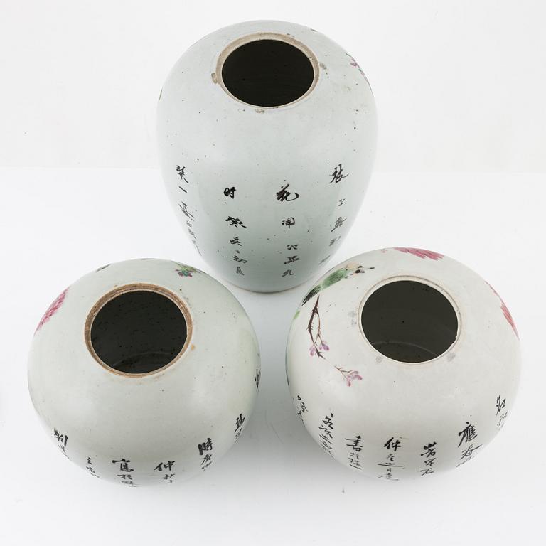 Three Famille Rose porcelain urns, china, first half and middle of the 20th century.