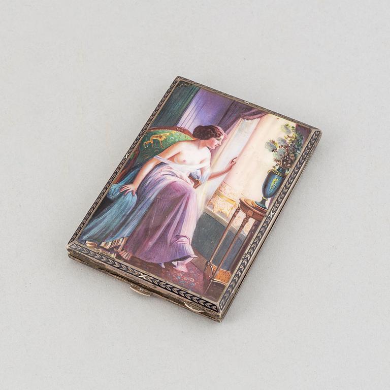 A Viennese silver cigarette case with a minature painting, Austria, around the year 1900.