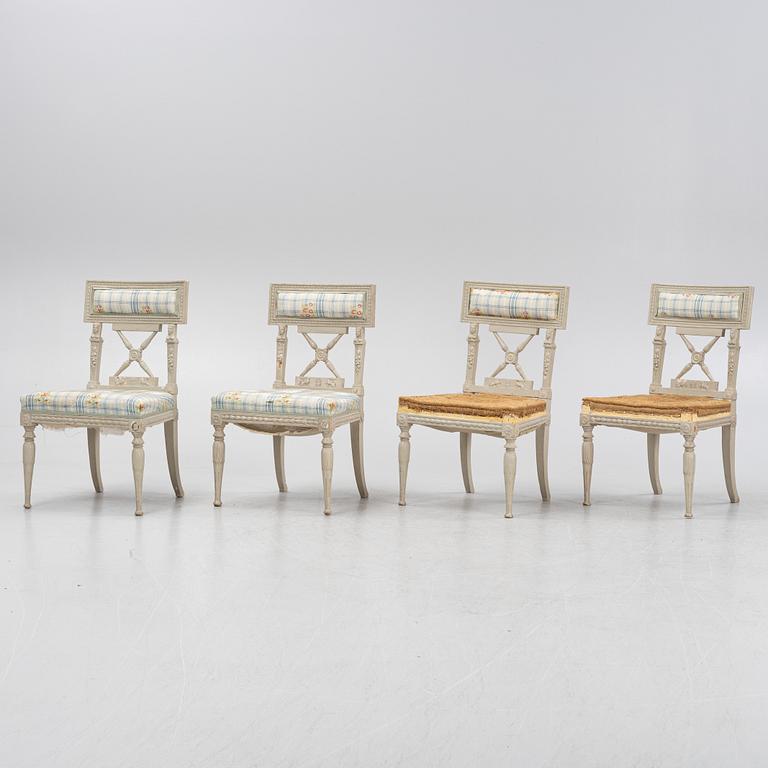 A set of four late Gustavian chairs, around the year 1800.
