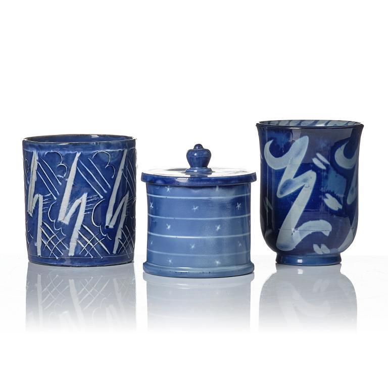 Wilhelm Kåge, two porcelain vases and an earthenware jar with cover, Gustavsberg, Sweden, 1924 and presumably 1930.