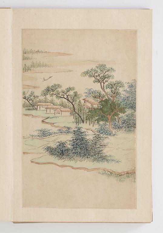 An album with eight landscape paintings, copies after Gu Fang (Gu Ruozhou, active c. 1700), Qing dynasty, 19th Century.