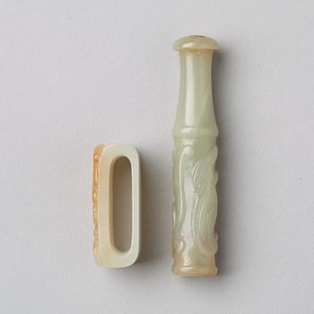 A nephrite scabbard part and a sculptured object, Qing dynasty or older.