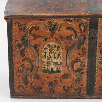 A wooden Dalecarlian chest, Sweden, dated 1820.