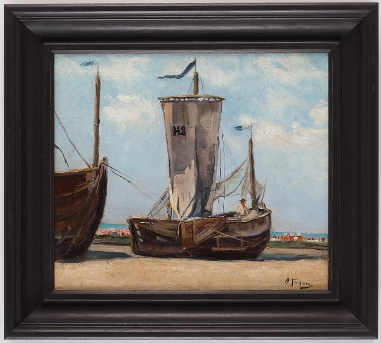 Carl Flodman, Strandparti med förtöjda båtar. I bakgrunden s.k. ”Strandkorben” (strandkorgar) och figurer, möjligen Skagen eller Skåne.
